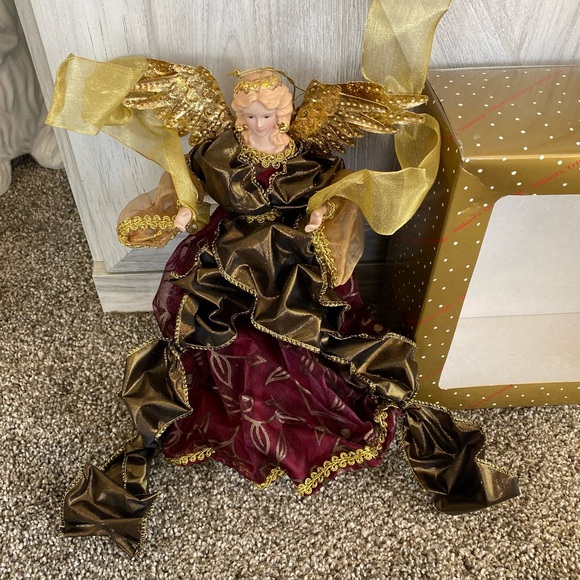 Vintage Dillards Porcelain Flying Angel Christmas Ornament 10” Maroon Gold - Picture 4 of 8